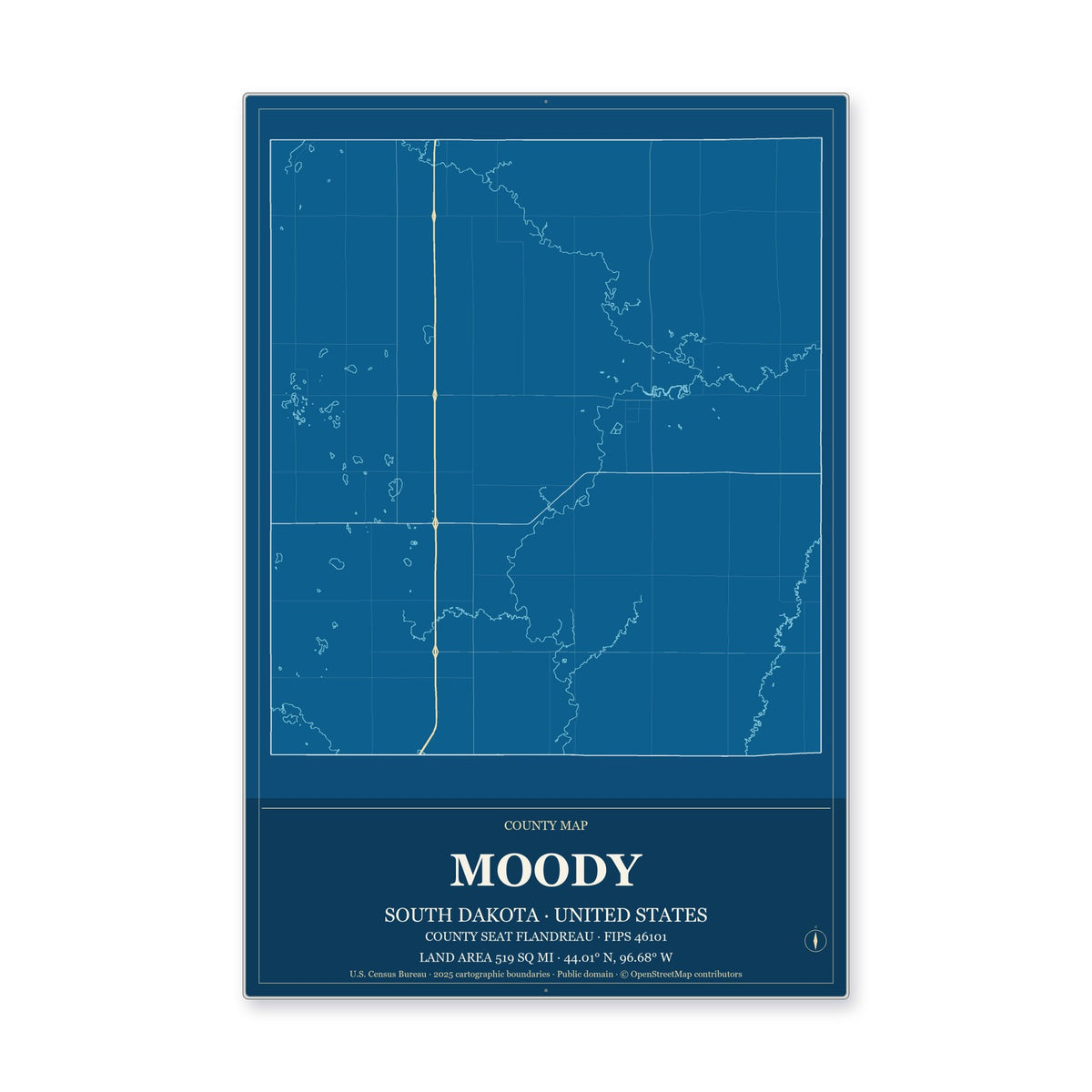 Moody County, South Dakota Map Aluminum Sign in Harbor Cobalt style