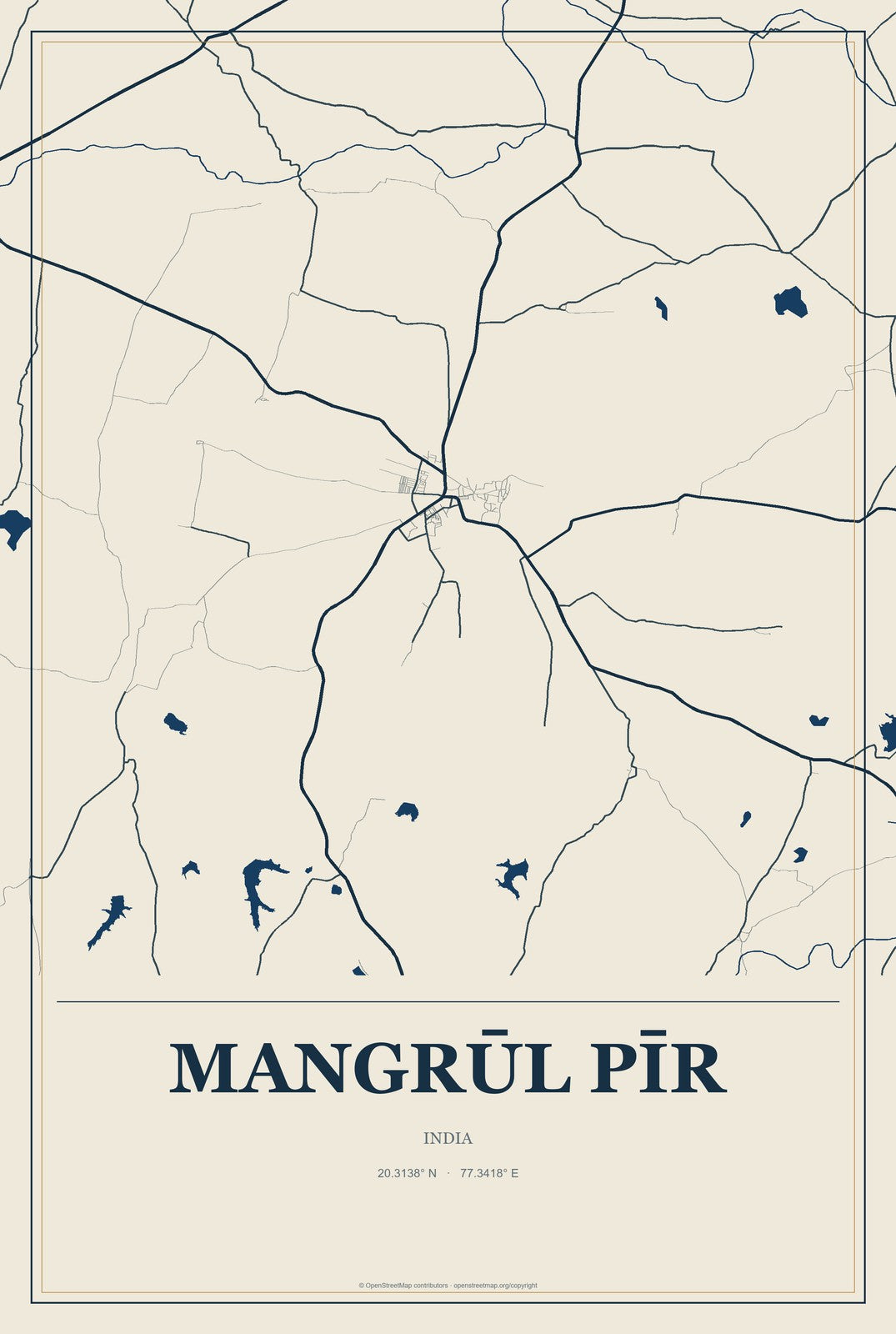 Mangrūl Pīr, India City Map Aluminum Sign in Coastal Cutout style