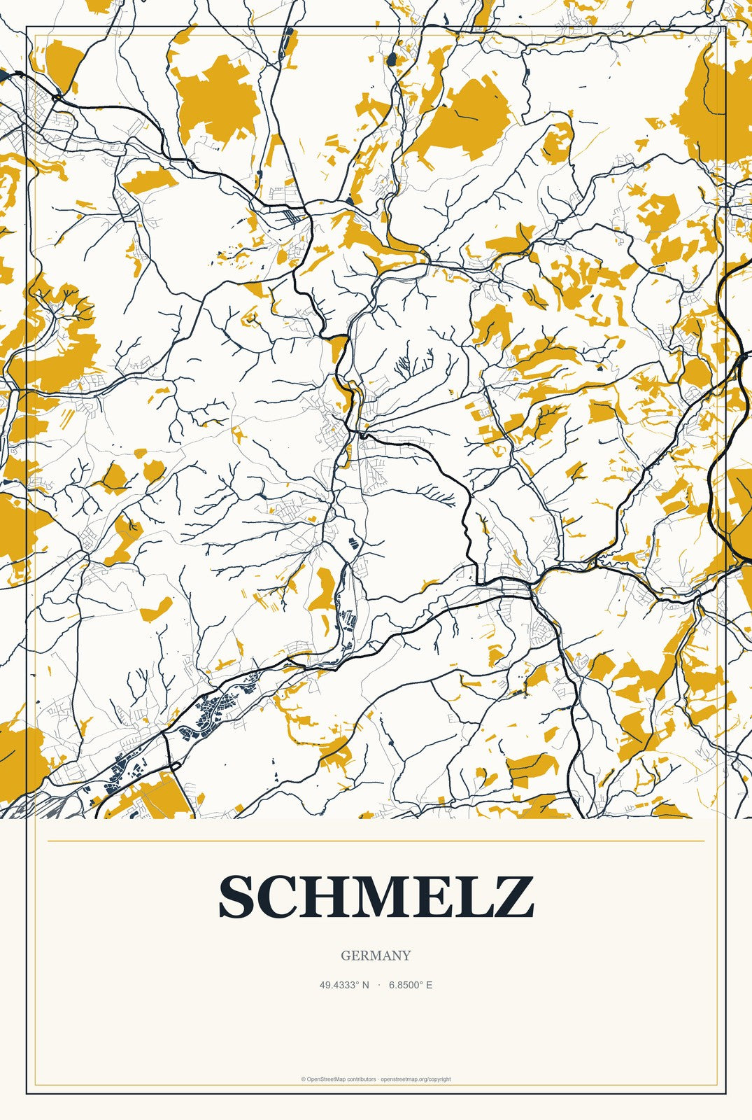Schmelz, Germany City Map Aluminum Sign in Citrine Modern style