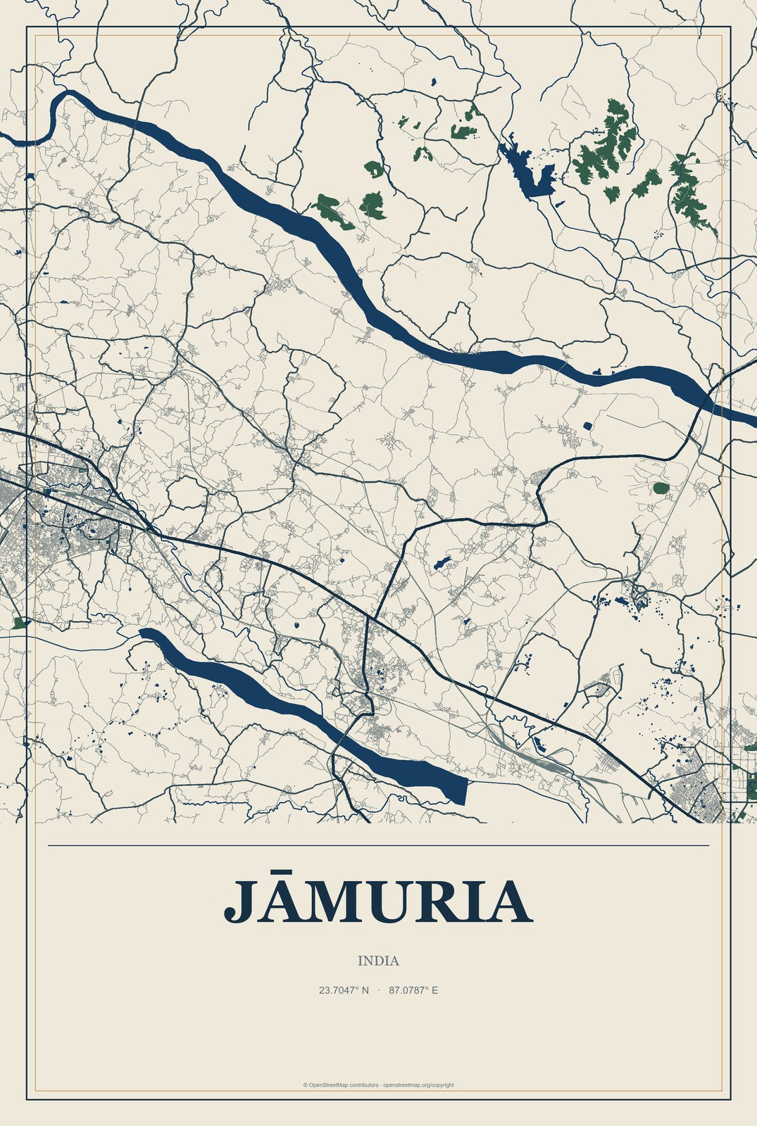 Jāmuria, India City Map Aluminum Sign in Coastal Cutout style