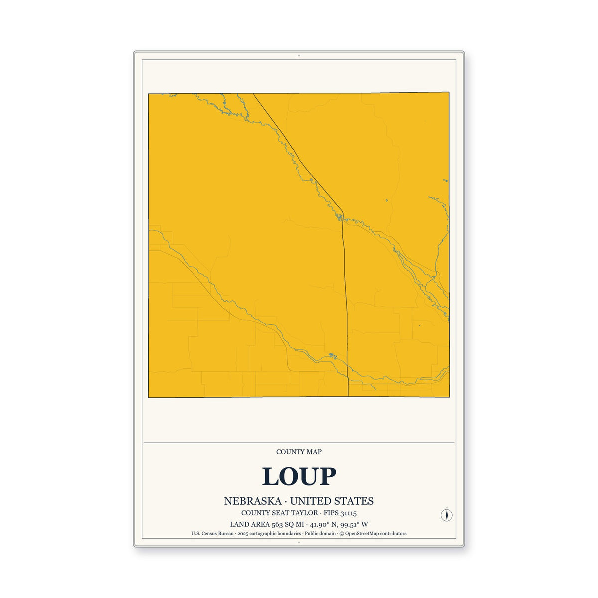 Loup County, Nebraska Map Aluminum Sign in Citrine Modern style