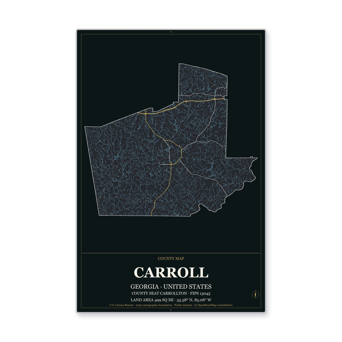 Carroll County, Georgia Map Aluminum Sign in Metropolitan Noir style