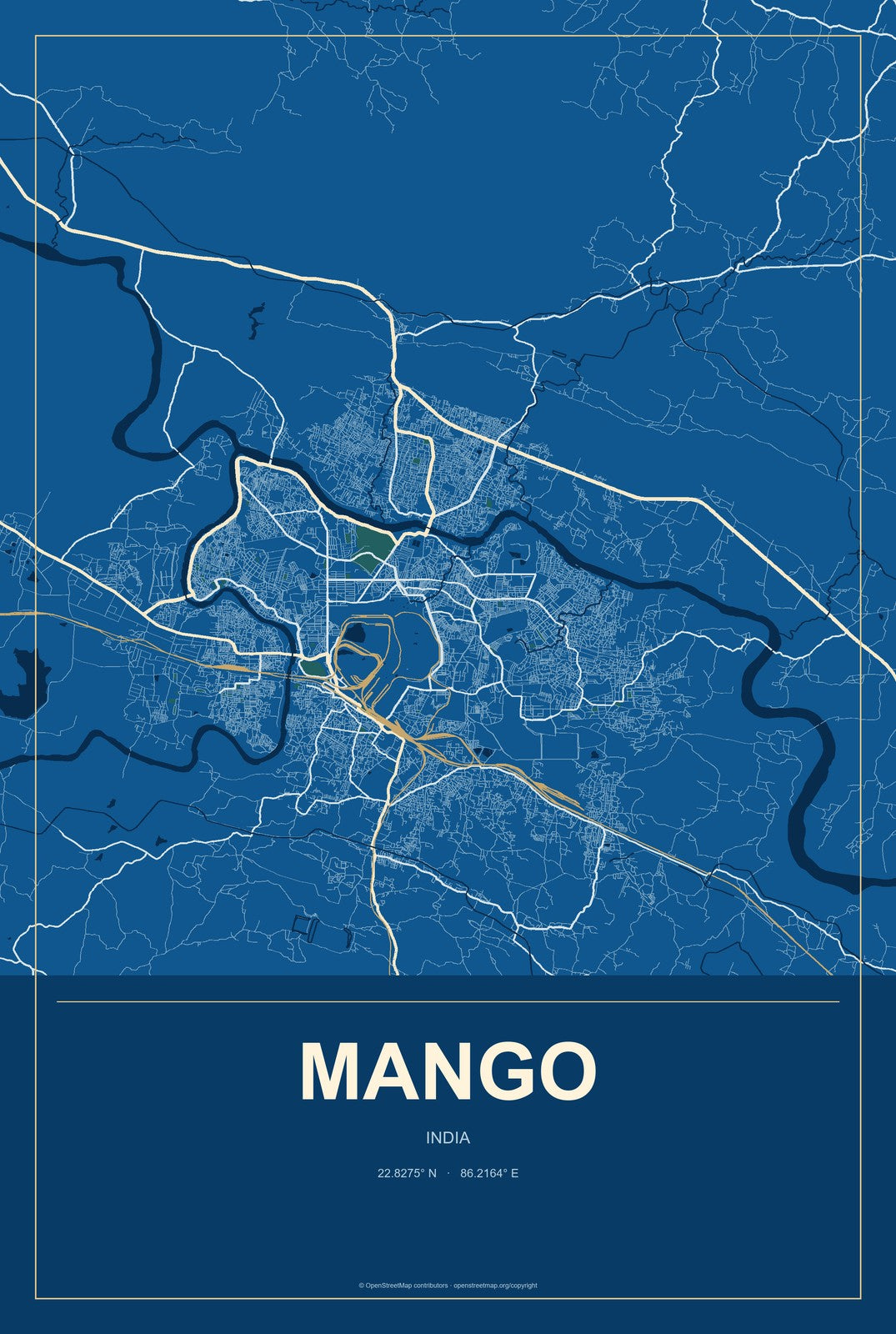 Mango, India City Map Aluminum Sign in Harbor Cobalt style