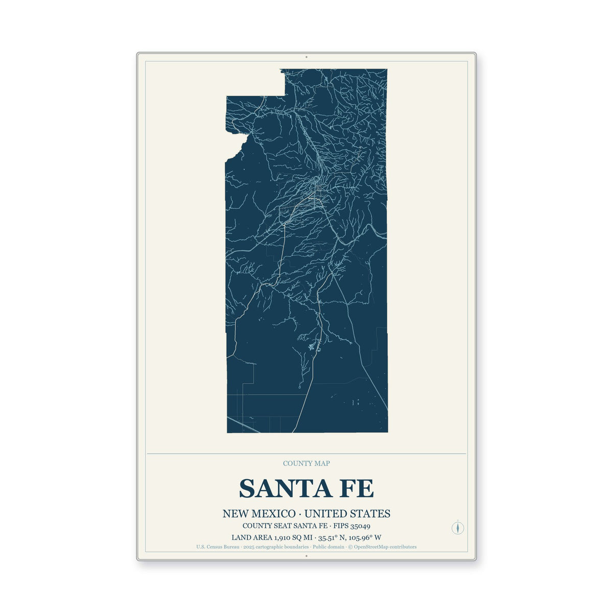Santa Fe County, New Mexico Map Aluminum Sign in Coastal Cutout style