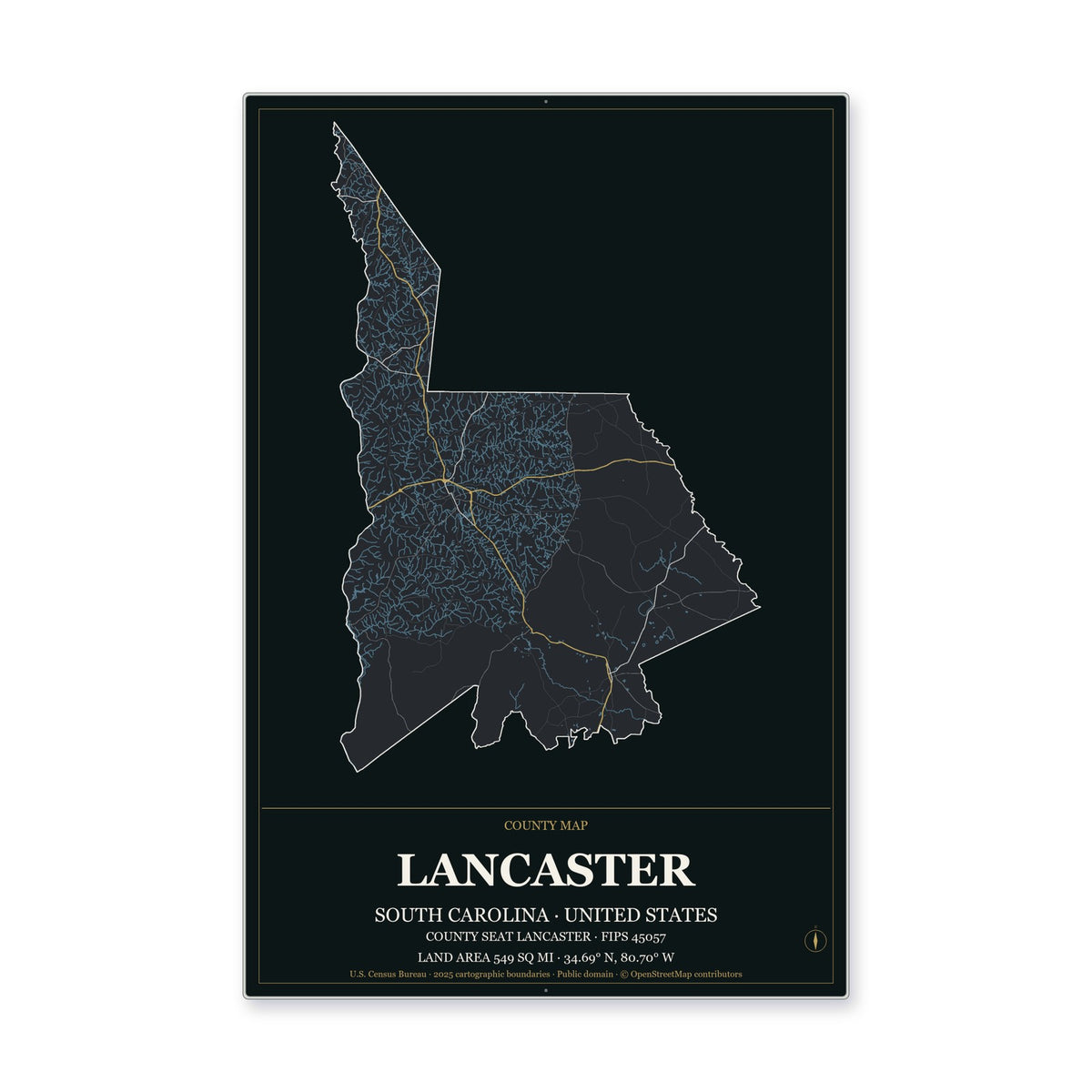 Lancaster County, South Carolina Map Aluminum Sign in Metropolitan Noir style