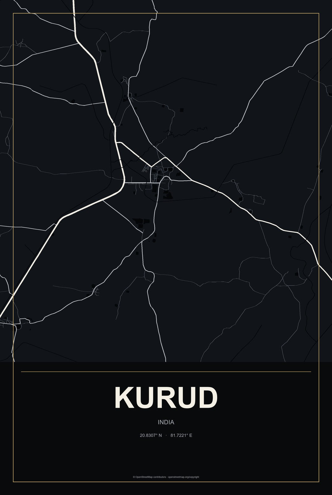 Kurud, India City Map Aluminum Sign in Metropolitan Noir style