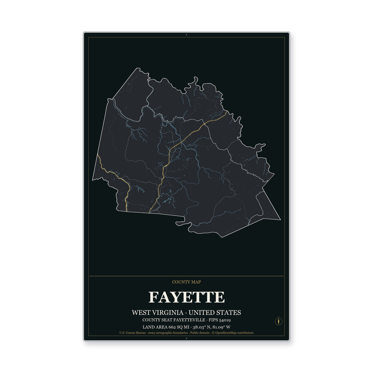 Fayette County, West Virginia Map Aluminum Sign in Metropolitan Noir style