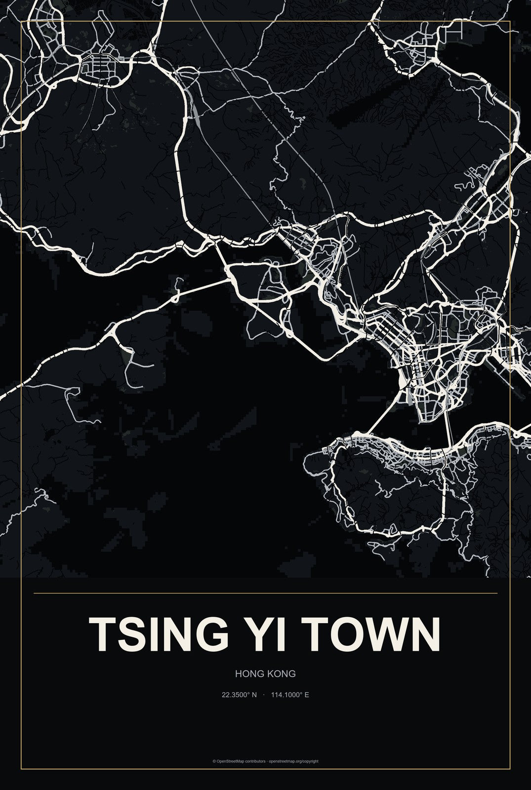 Tsing Yi Town, Hong Kong City Map Aluminum Sign in Metropolitan Noir style