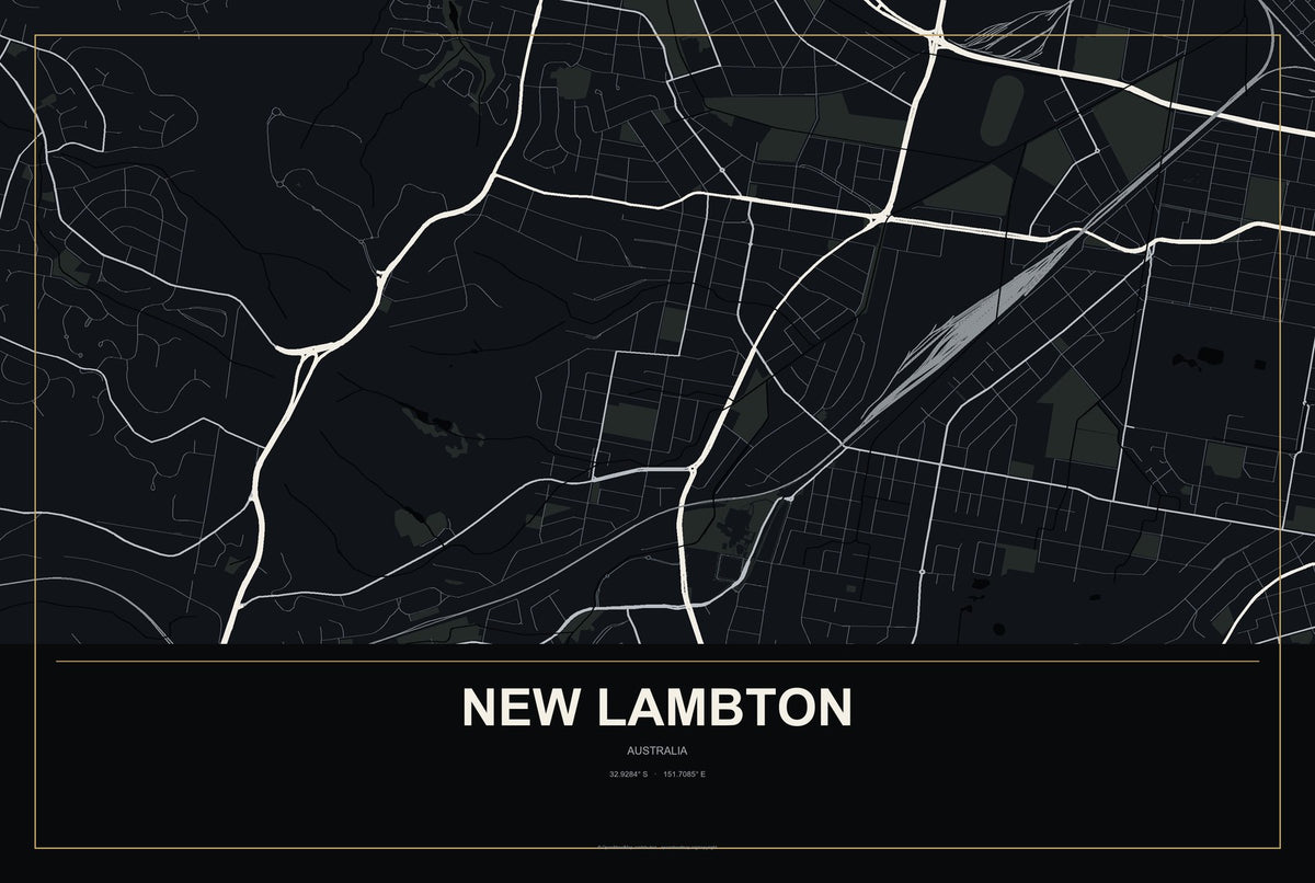 New Lambton, Australia City Map Aluminum Sign in Metropolitan Noir style
