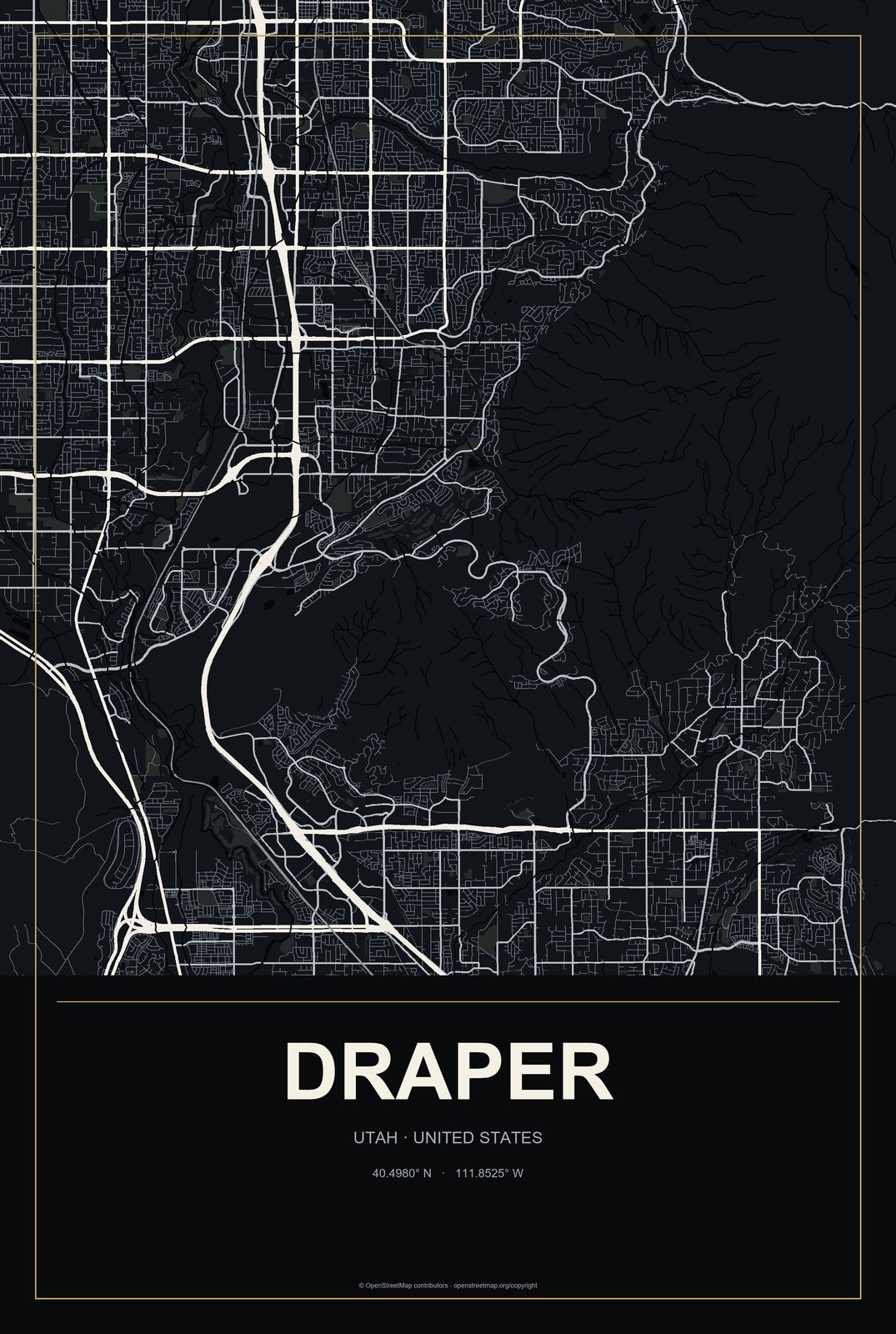 Draper, Utah City Map Aluminum Sign in Metropolitan Noir style