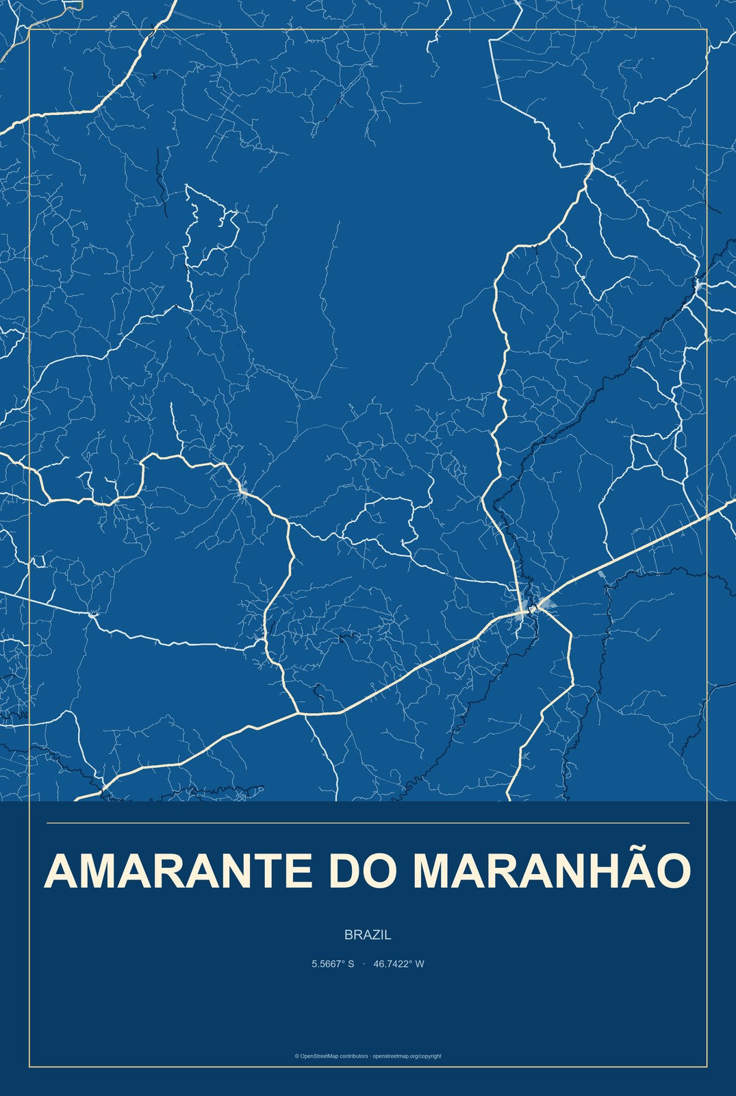 Amarante do Maranhão, Brazil City Map Aluminum Sign in Harbor Cobalt style