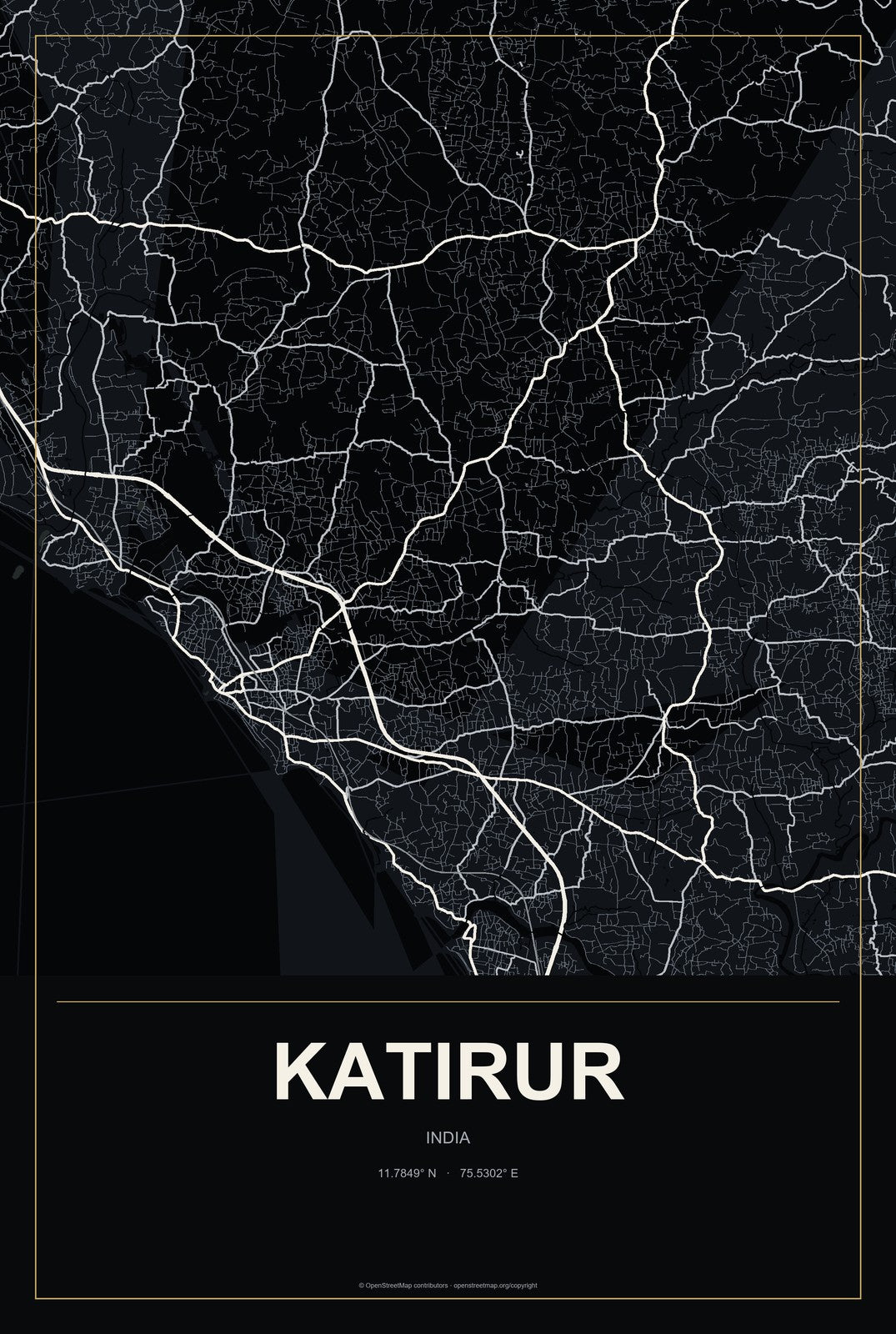 Katirur, India City Map Aluminum Sign in Metropolitan Noir style