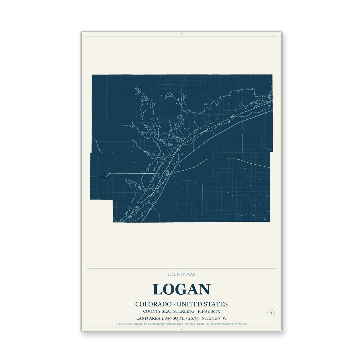 Logan County, Colorado Map Aluminum Sign in Coastal Cutout style