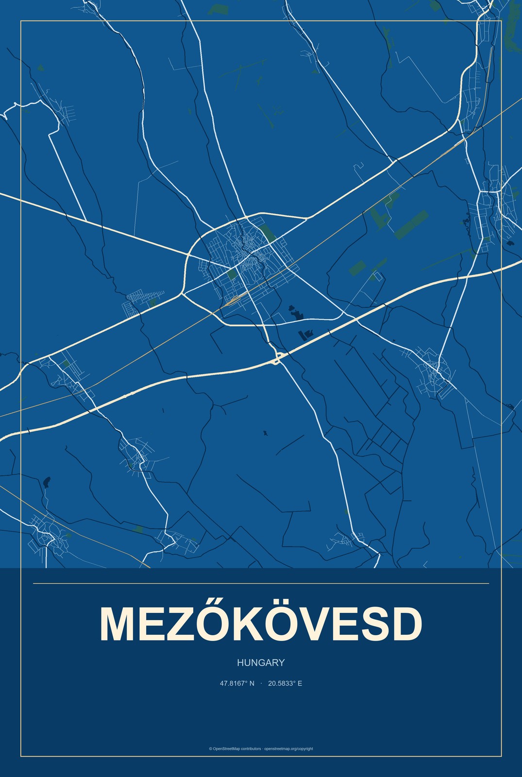 Mezőkövesd, Hungary City Map Aluminum Sign in Harbor Cobalt style