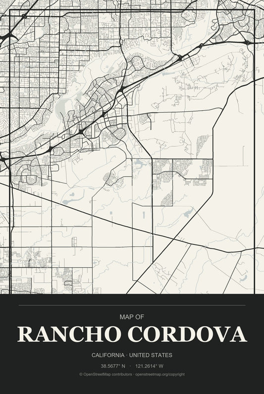 Rancho Cordova, California City Map Aluminum Sign in Museum Plaque style