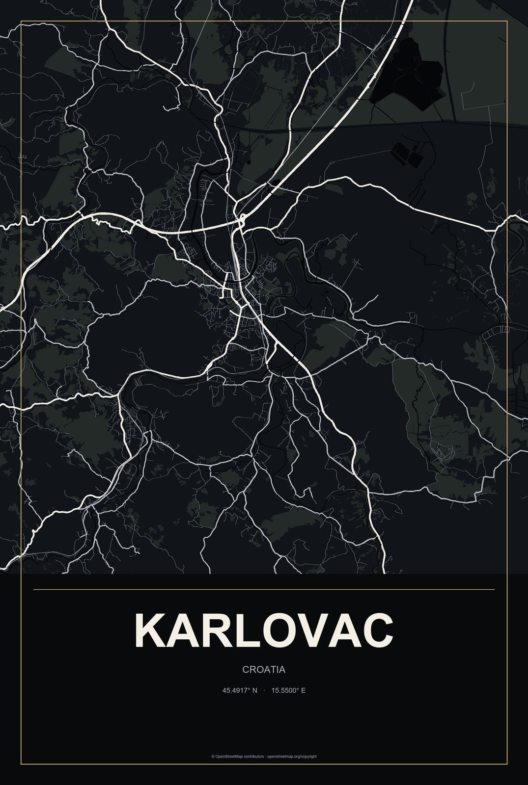 Karlovac, Croatia City Map Aluminum Sign in Metropolitan Noir style