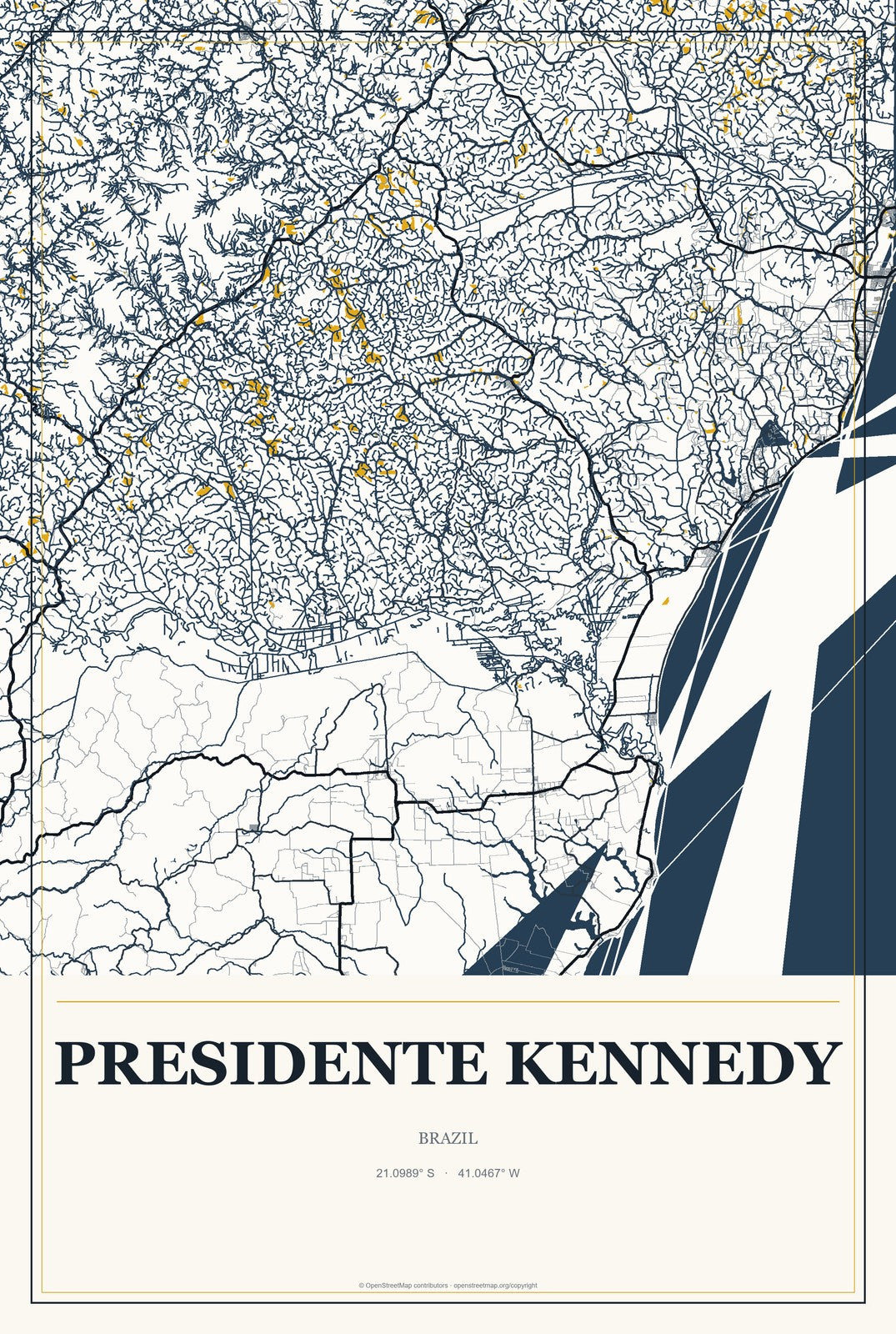 Presidente Kennedy, Brazil City Map Aluminum Sign in Citrine Modern style