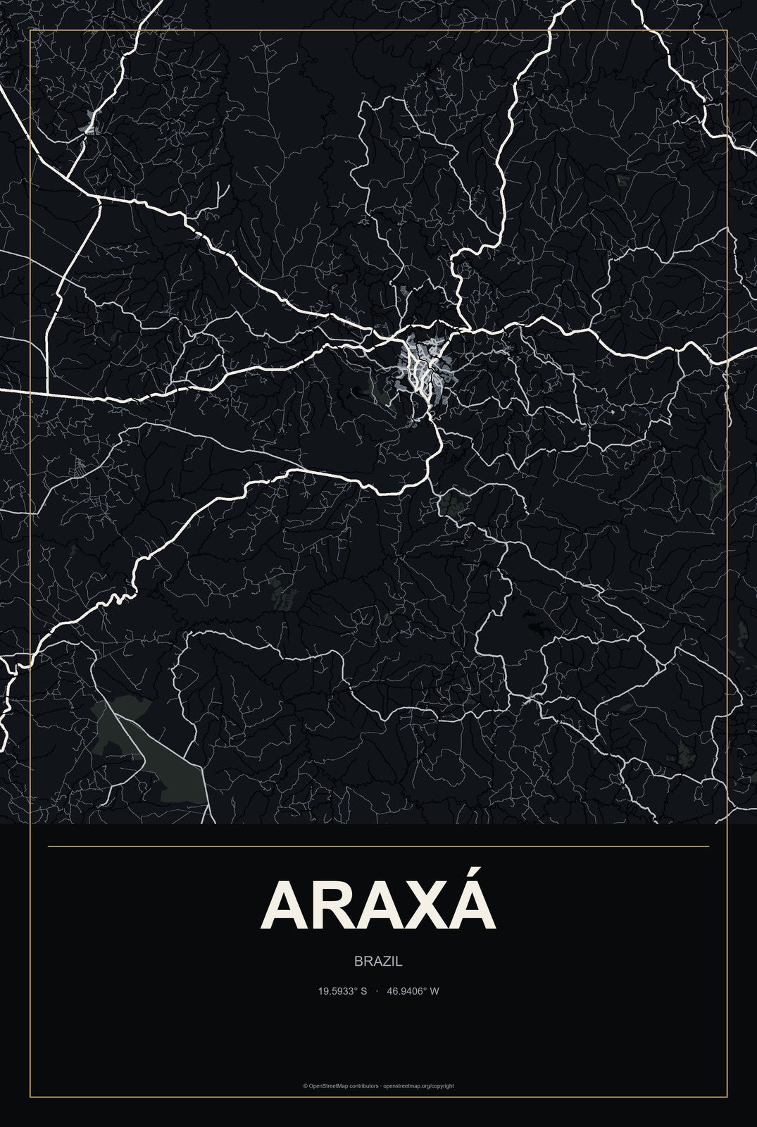 Araxá, Brazil City Map Aluminum Sign in Metropolitan Noir style