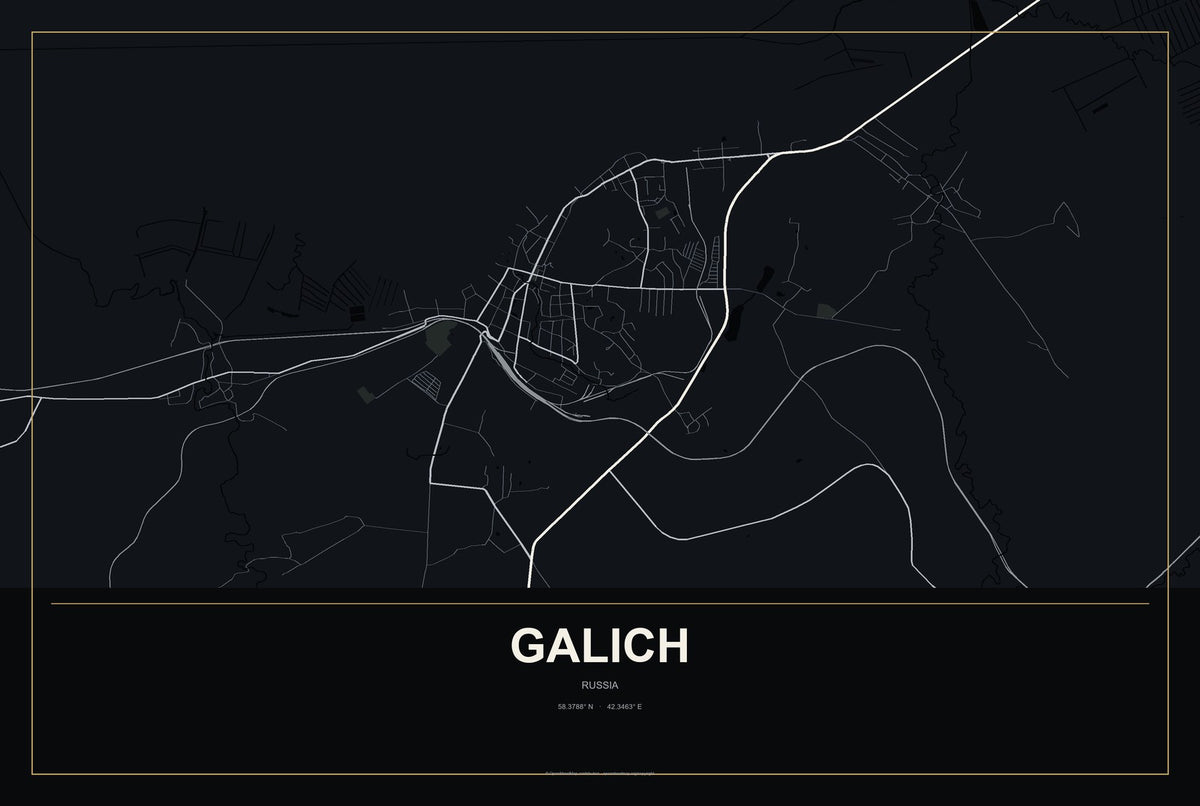 Galich, Russia City Map Aluminum Sign in Metropolitan Noir style