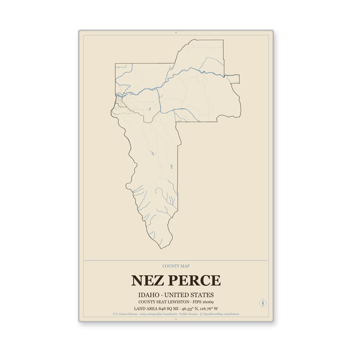 Nez Perce County, Idaho Map Aluminum Sign in Heritage Nautical style