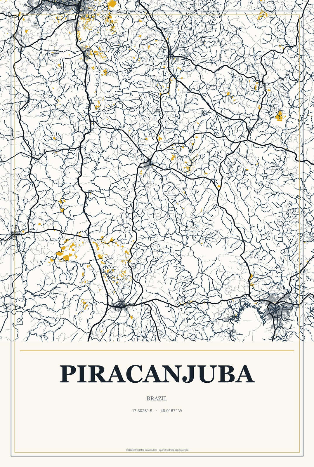 Piracanjuba, Brazil City Map Aluminum Sign in Citrine Modern style