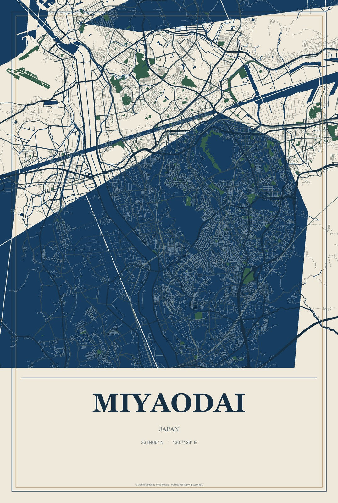 Miyaodai, Japan City Map Aluminum Sign in Coastal Cutout style