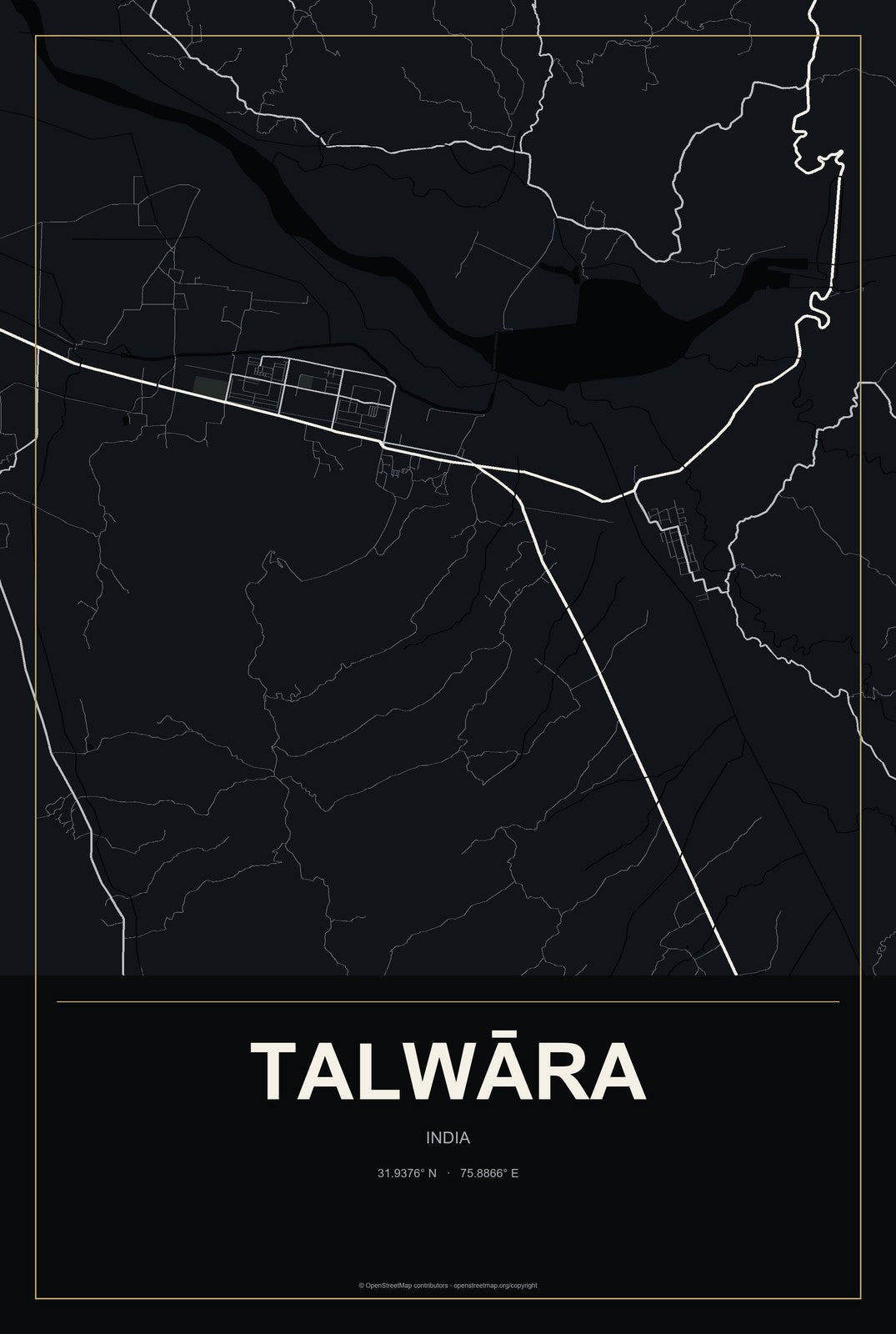 Talwāra, India City Map Aluminum Sign in Metropolitan Noir style