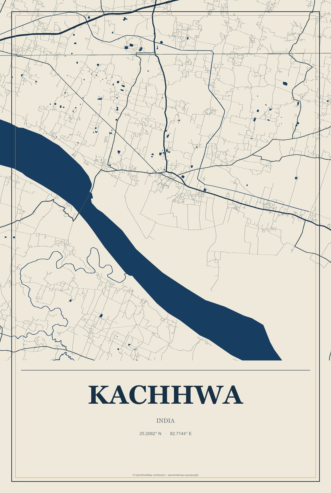 Kachhwa, India City Map Aluminum Sign in Coastal Cutout style