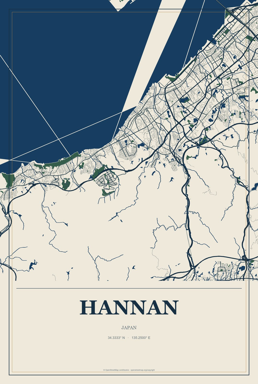 Hannan, Japan City Map Aluminum Sign in Coastal Cutout style