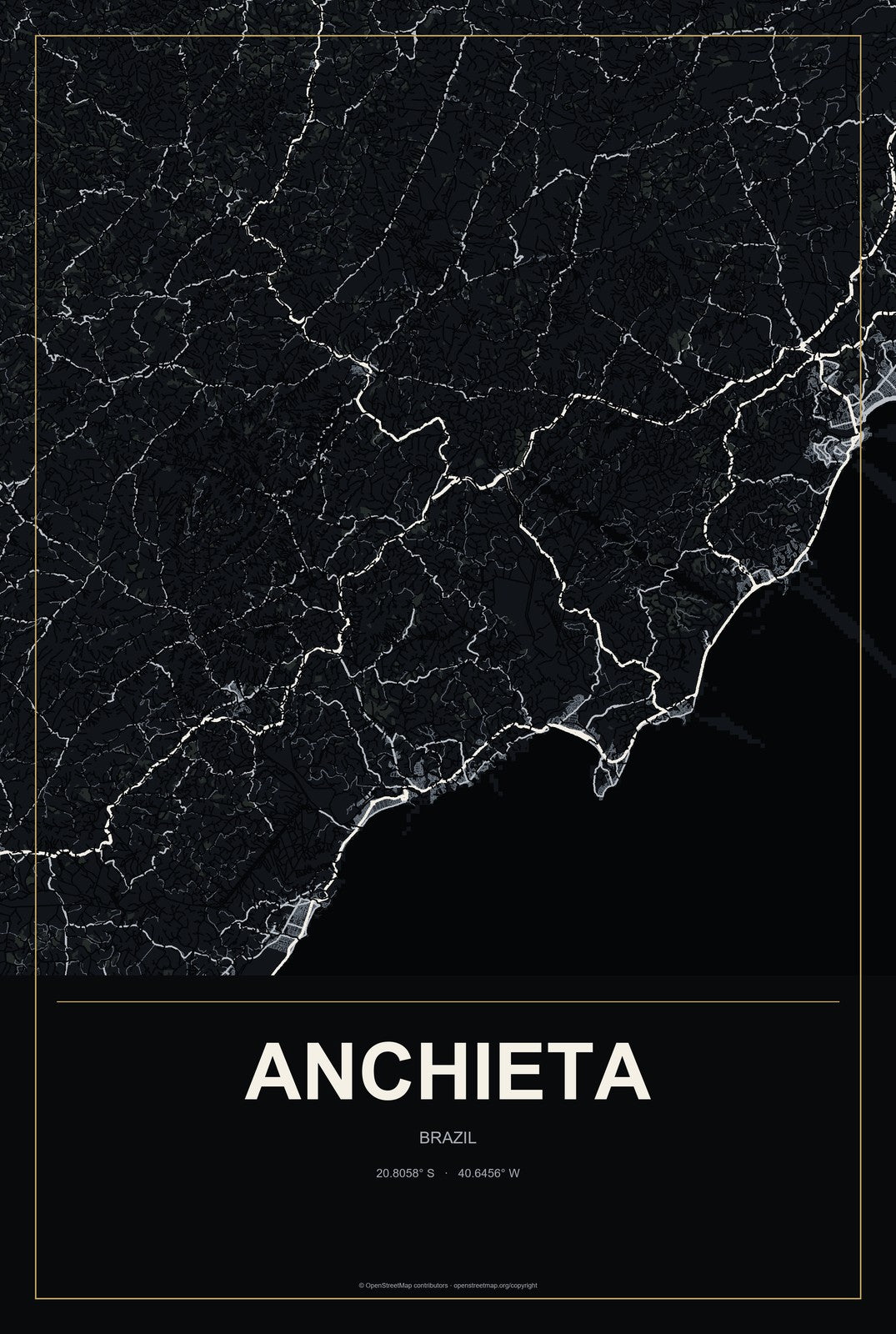 Anchieta, Brazil City Map Aluminum Sign in Metropolitan Noir style