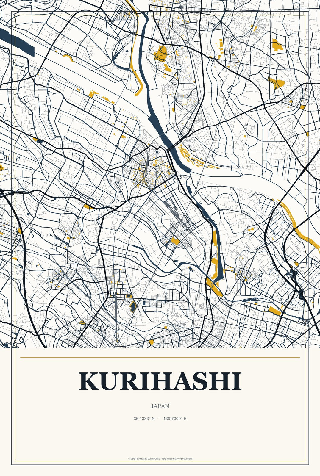 Kurihashi, Japan City Map Aluminum Sign in Citrine Modern style
