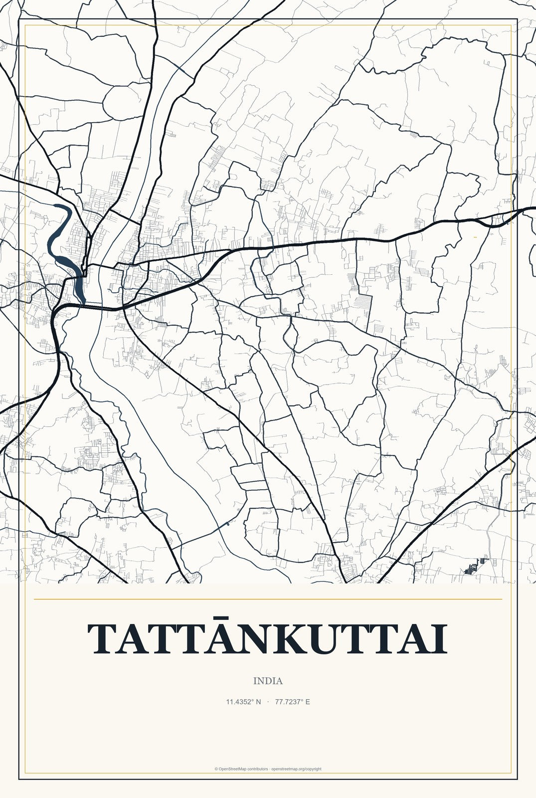 Tattānkuttai, India City Map Aluminum Sign in Citrine Modern style