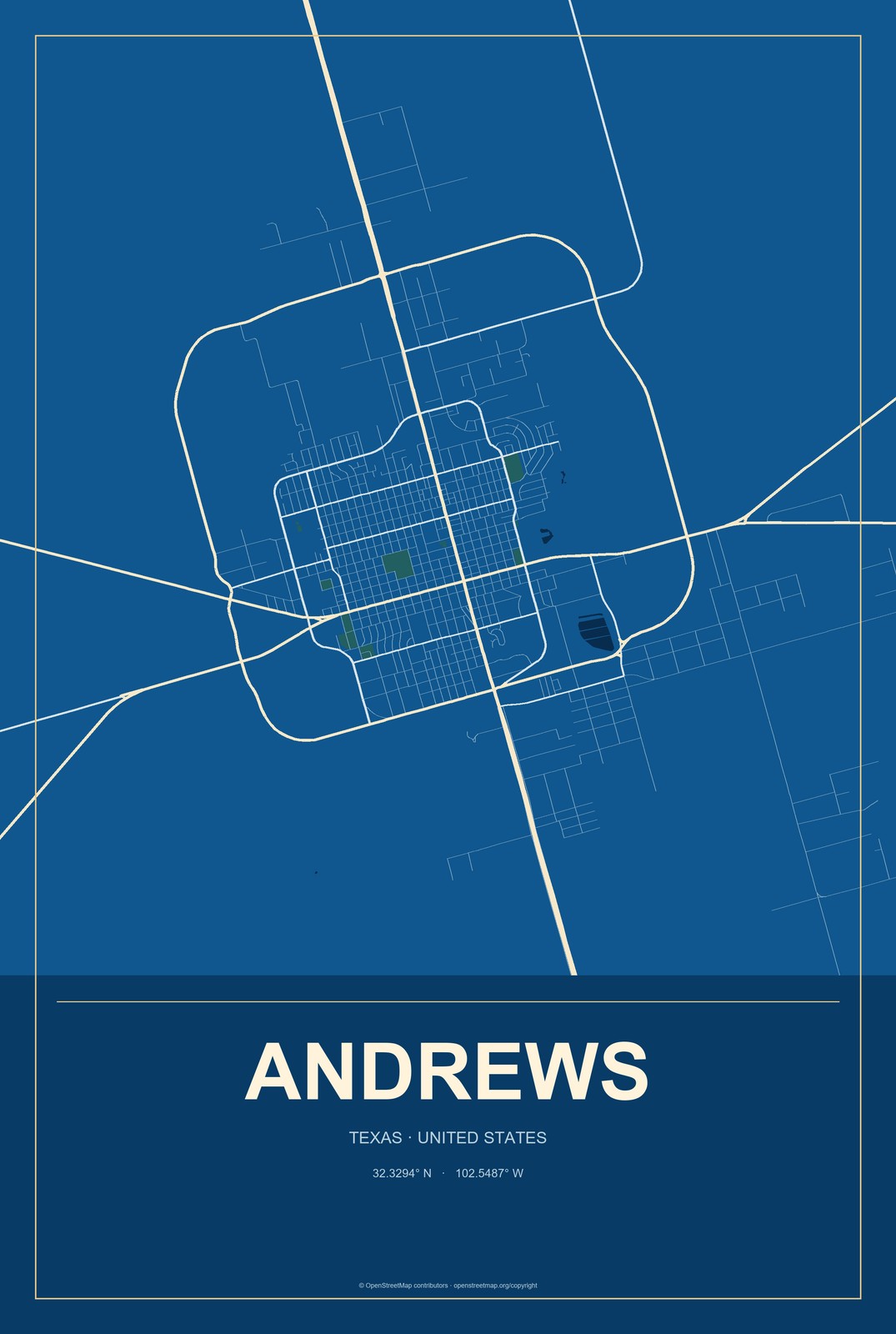 Andrews, Texas City Map Aluminum Sign in Harbor Cobalt style