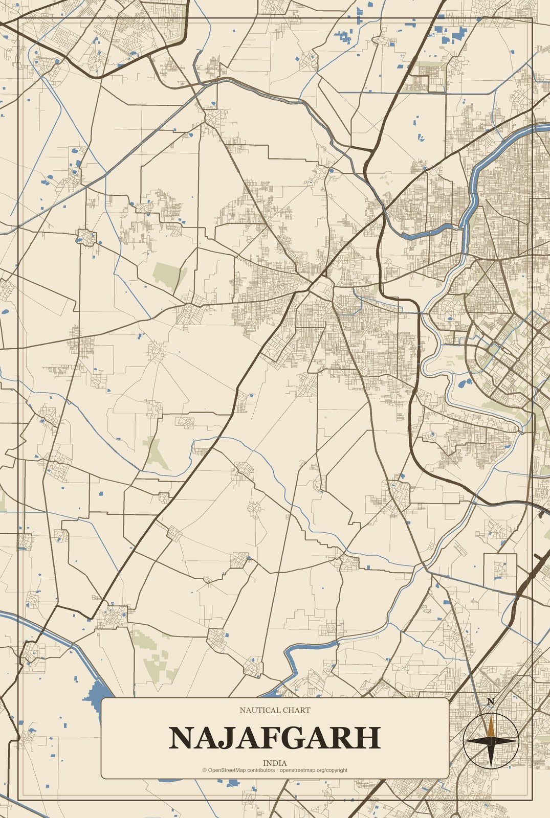 Najafgarh, India City Map Aluminum Sign in Heritage Nautical style