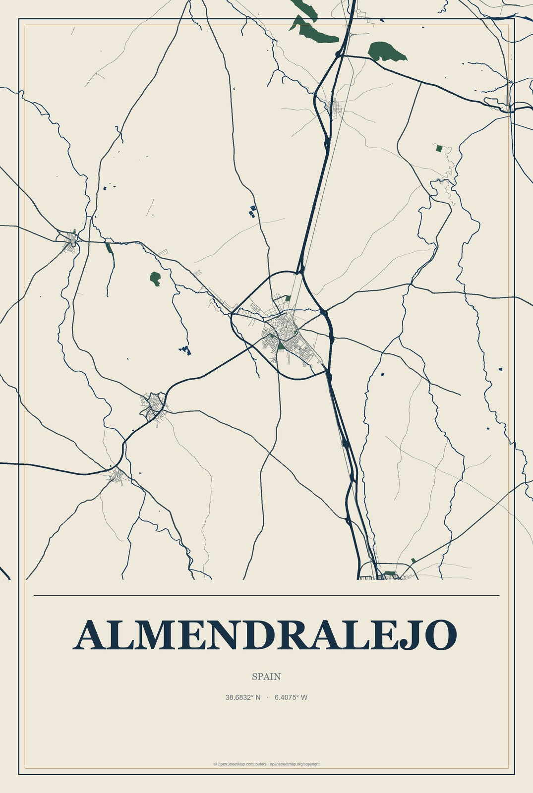Almendralejo, Spain City Map Aluminum Sign in Coastal Cutout style