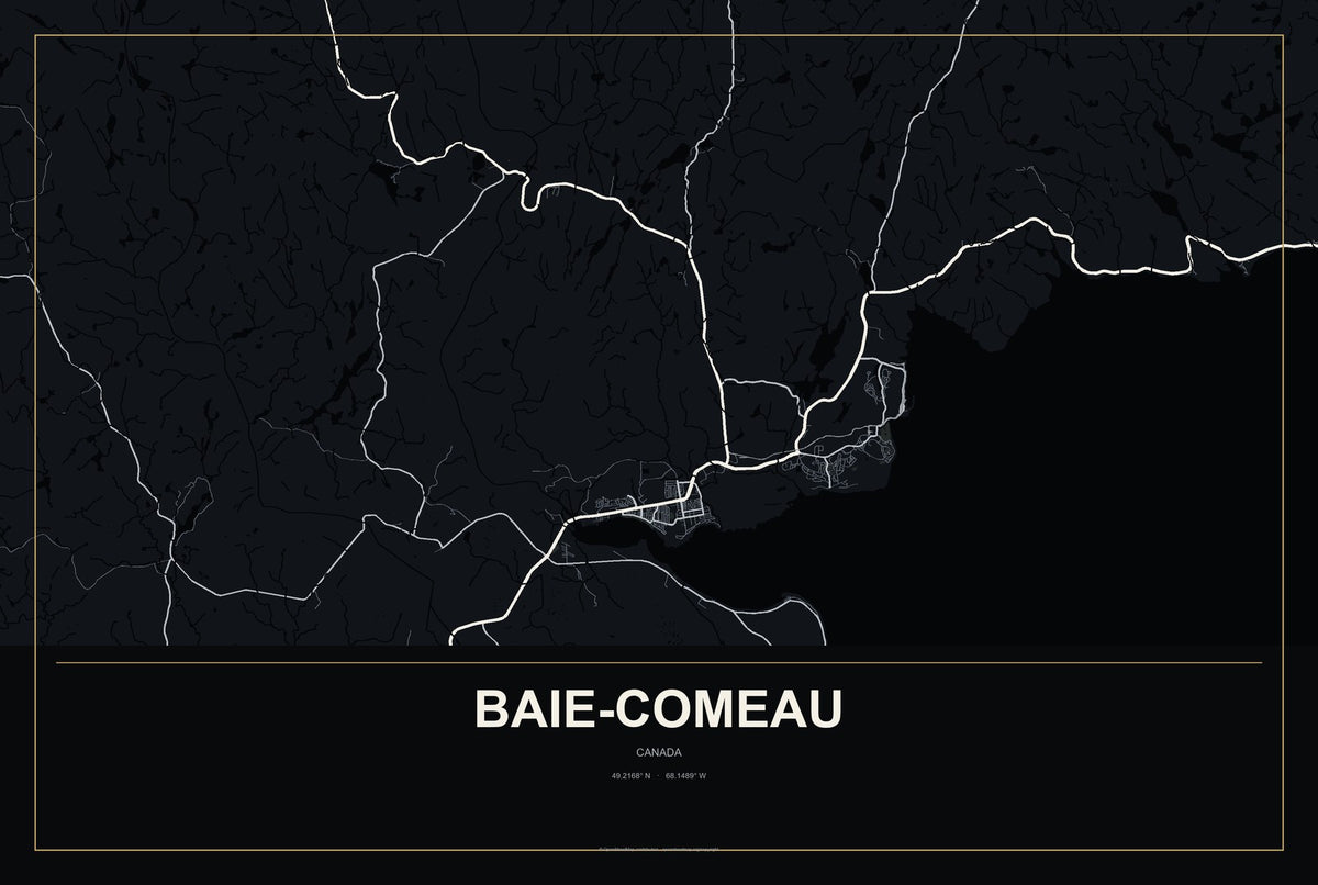 Baie-Comeau, Canada City Map Aluminum Sign in Metropolitan Noir style