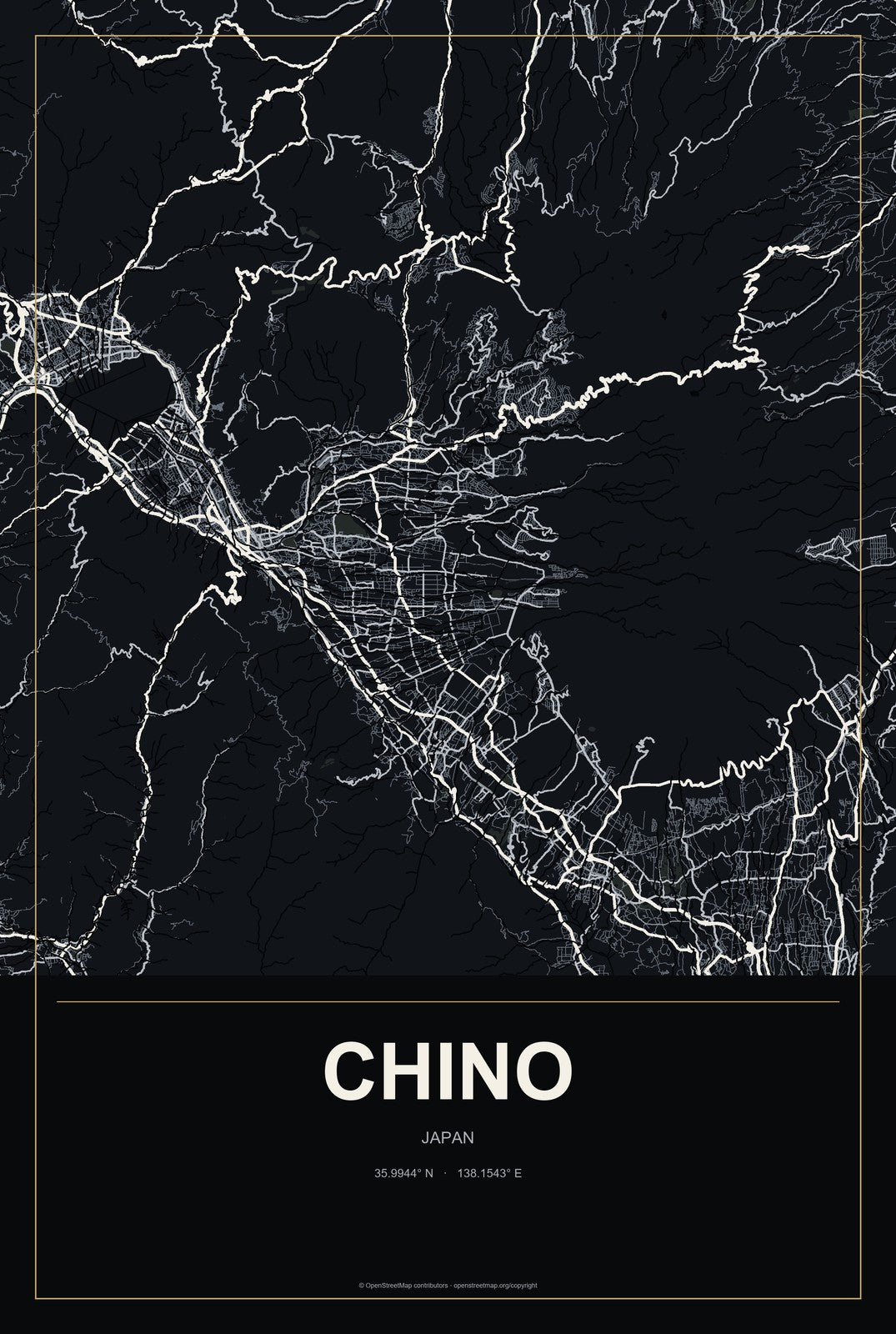 Chino, Japan City Map Aluminum Sign in Metropolitan Noir style
