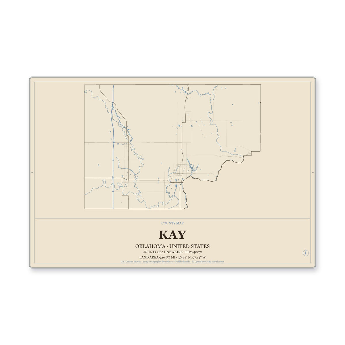 Kay County, Oklahoma Map Aluminum Sign in Heritage Nautical style
