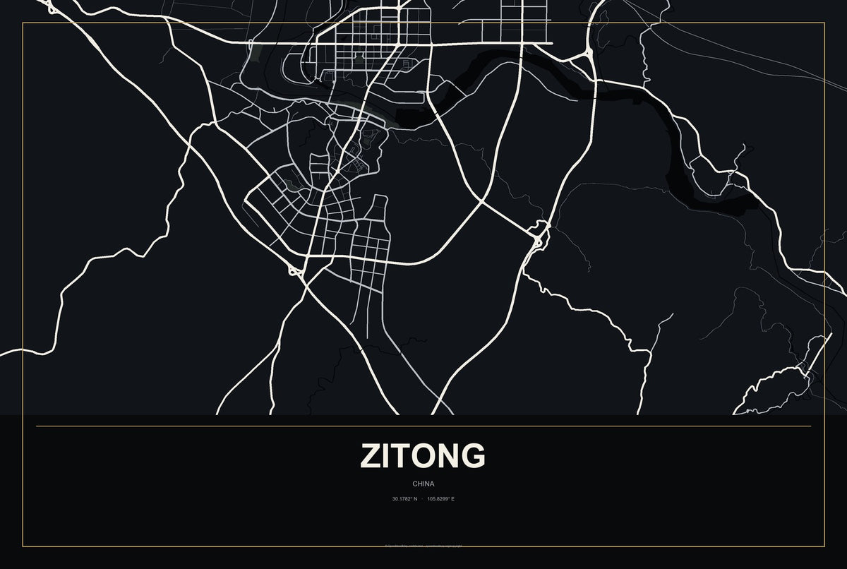 Zitong, China City Map Aluminum Sign in Metropolitan Noir style