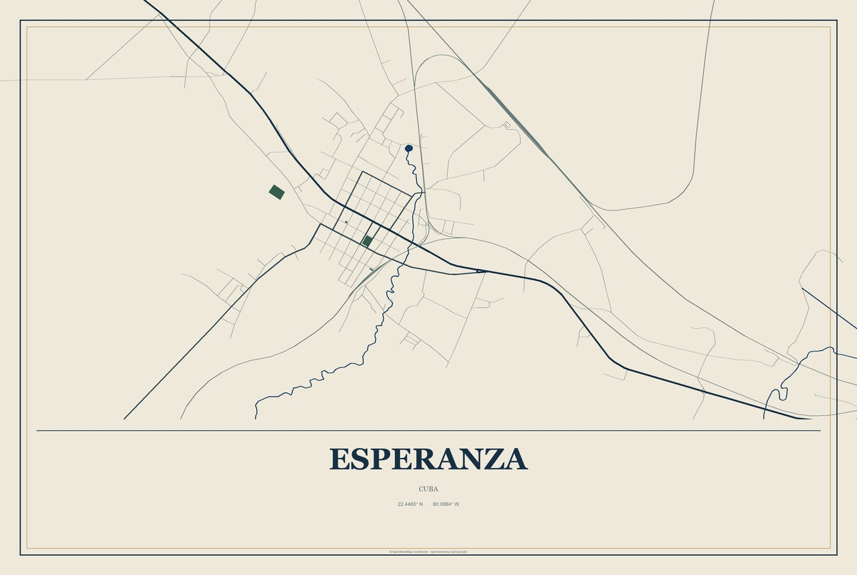 Esperanza, Cuba City Map Aluminum Sign in Coastal Cutout style