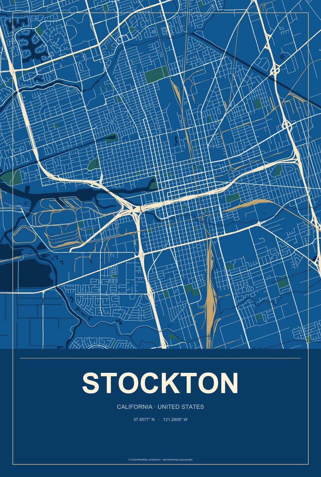 Stockton, California City Map Aluminum Sign in Harbor Cobalt style