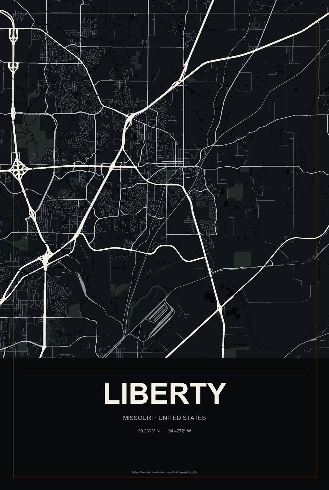 Liberty, Missouri City Map Aluminum Sign in Metropolitan Noir style