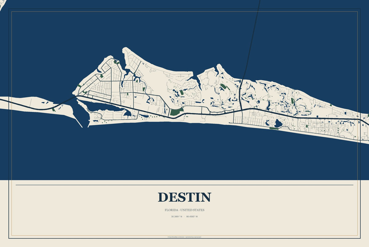 Destin, Florida City Map Aluminum Sign in Coastal Cutout style