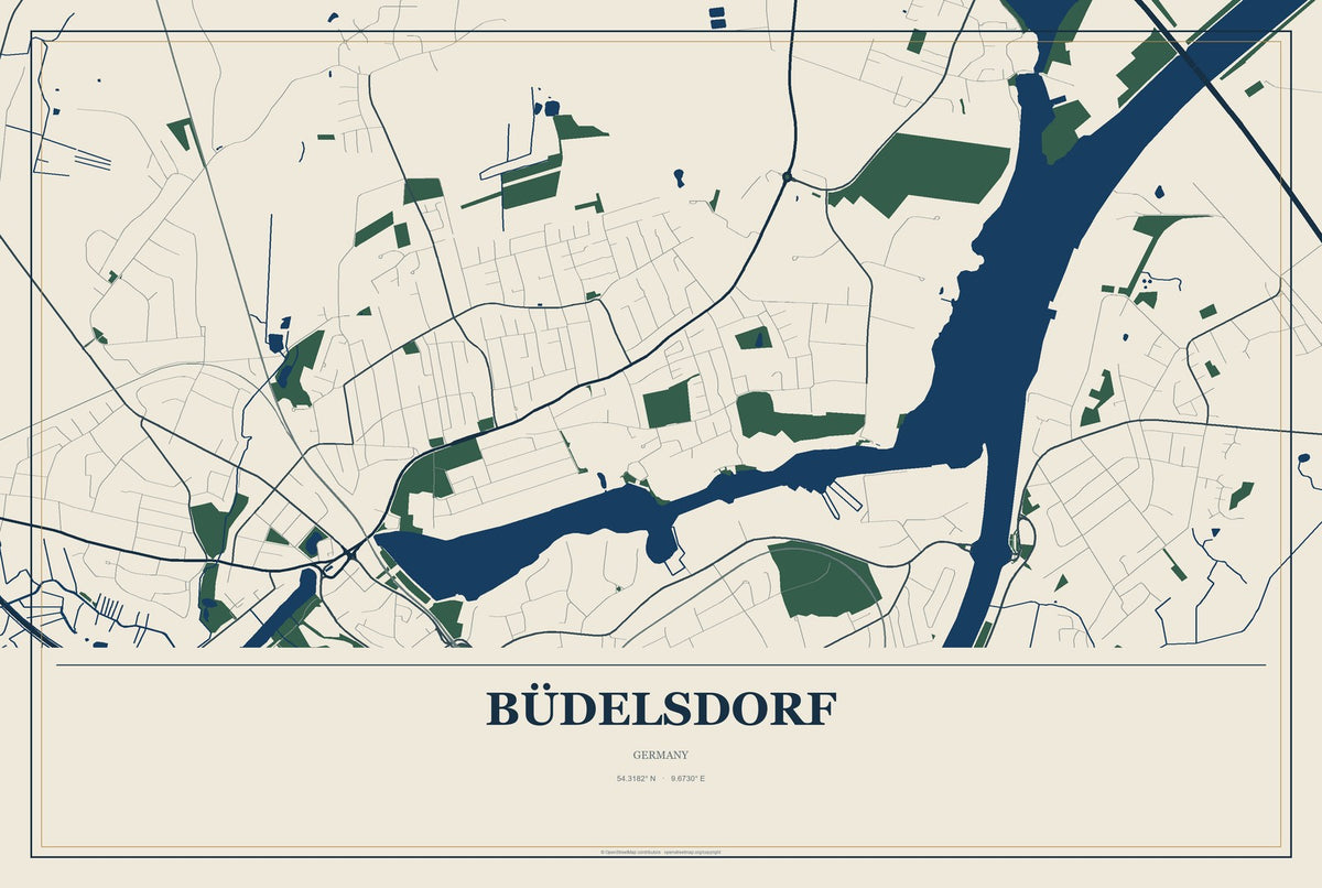 Büdelsdorf, Germany City Map Aluminum Sign in Coastal Cutout style