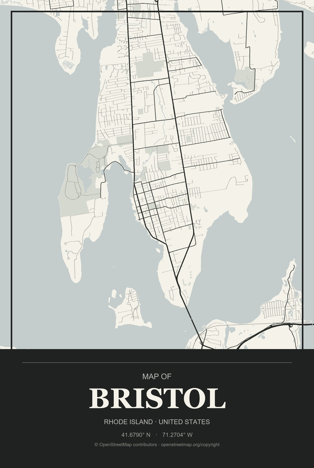 Bristol, Rhode Island City Map Aluminum Sign in Museum Plaque style