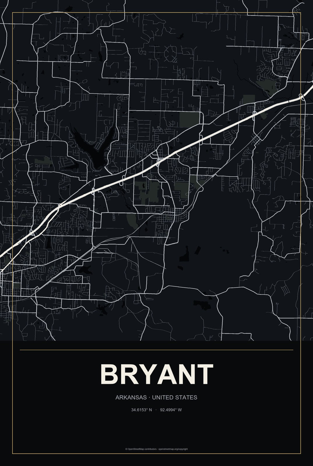 Bryant, Arkansas City Map Aluminum Sign in Metropolitan Noir style