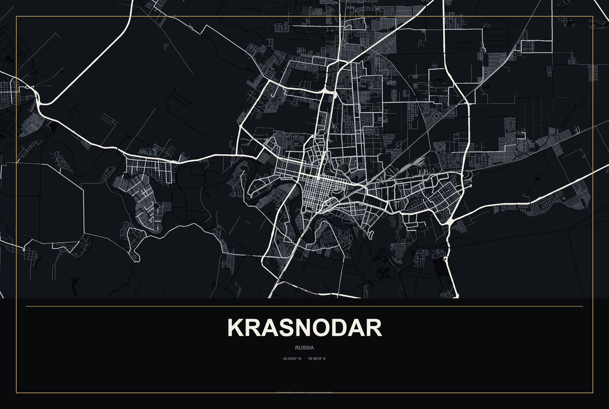Krasnodar, Russia City Map Aluminum Sign in Metropolitan Noir style