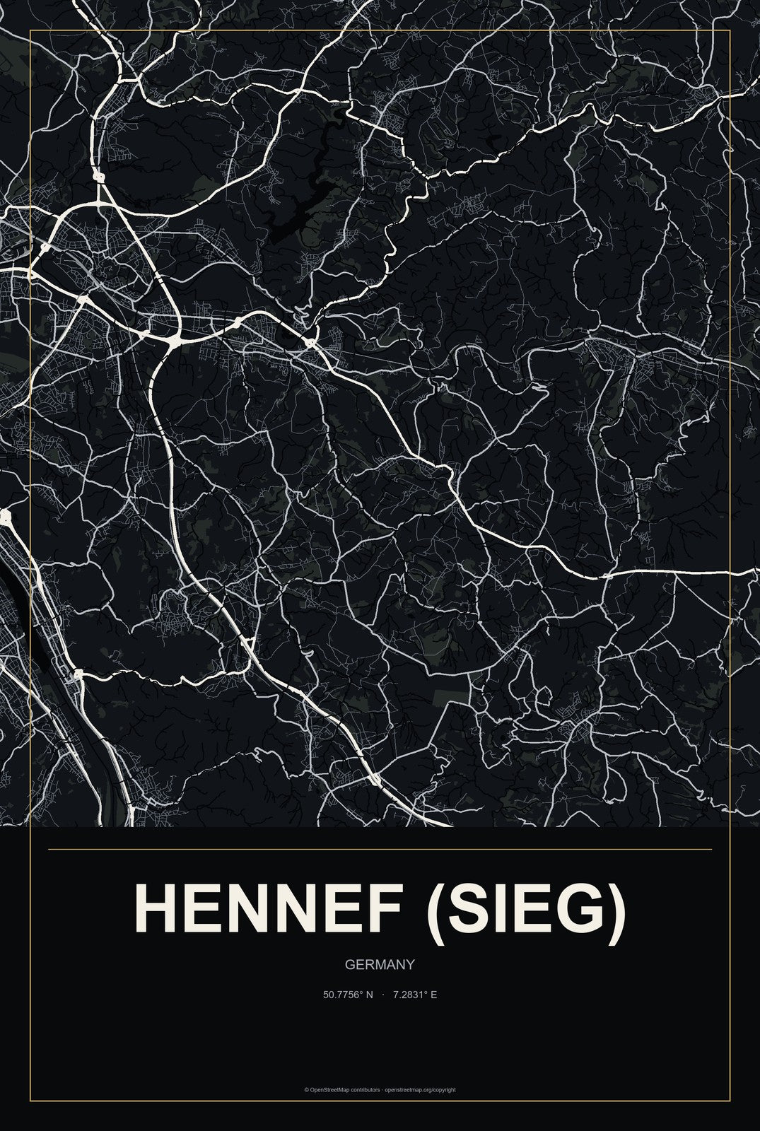 Hennef (Sieg), Germany City Map Aluminum Sign in Metropolitan Noir style