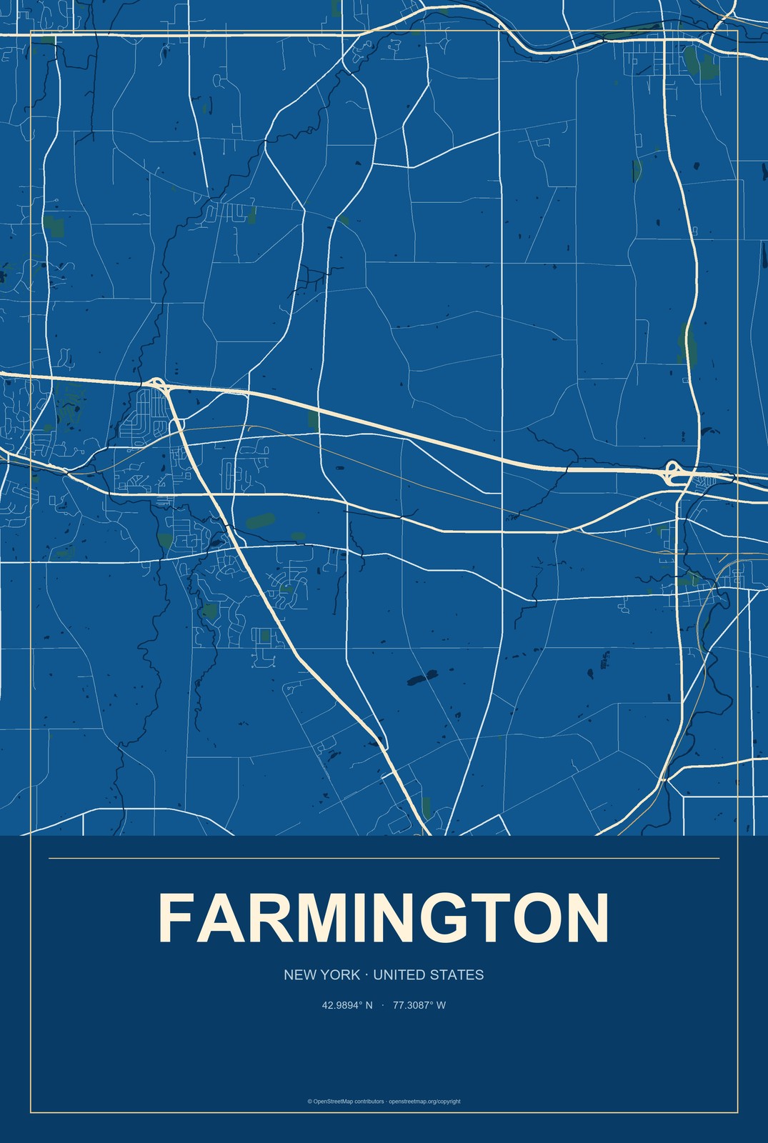 Farmington, New York City Map Aluminum Sign in Harbor Cobalt style