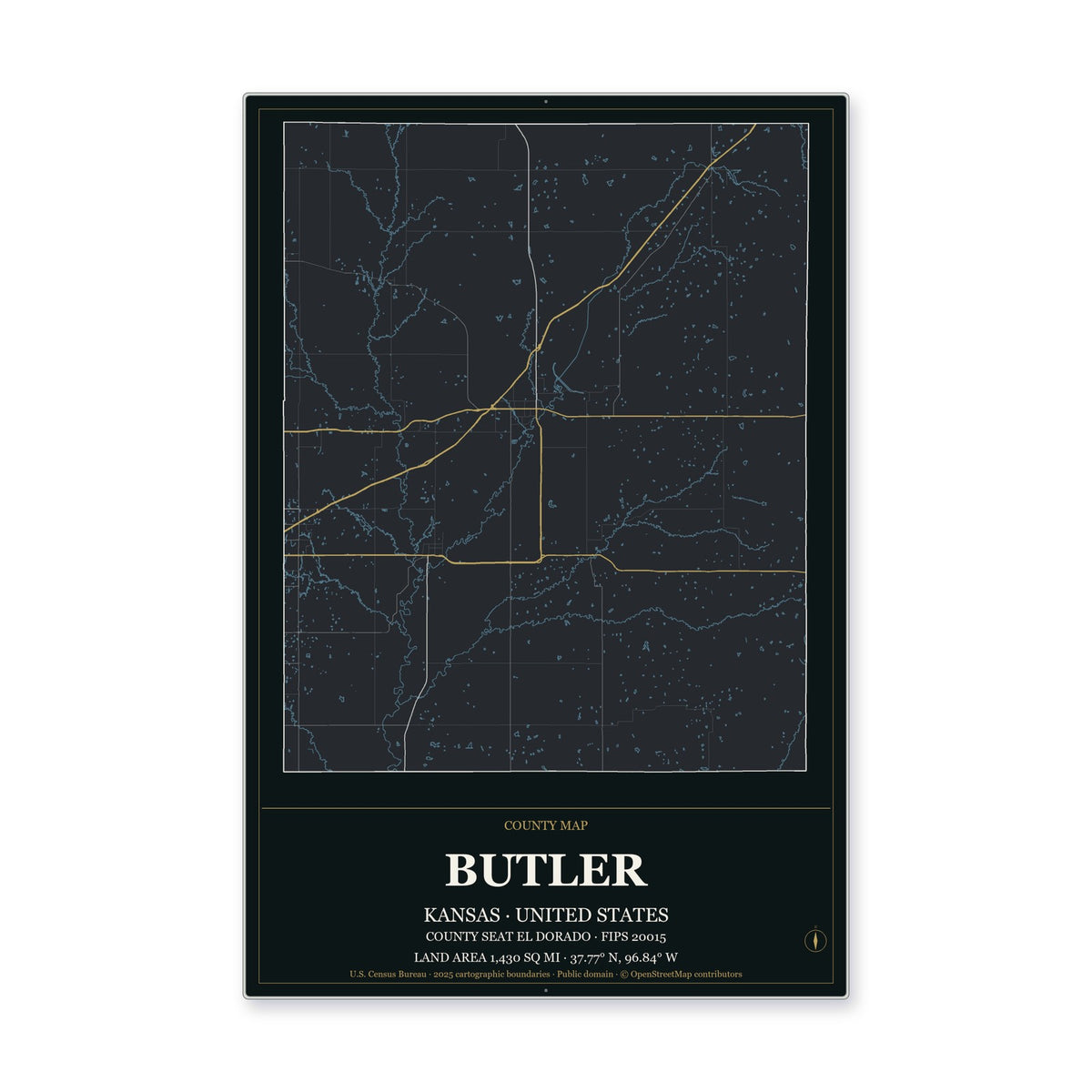 Butler County, Kansas Map Aluminum Sign in Metropolitan Noir style